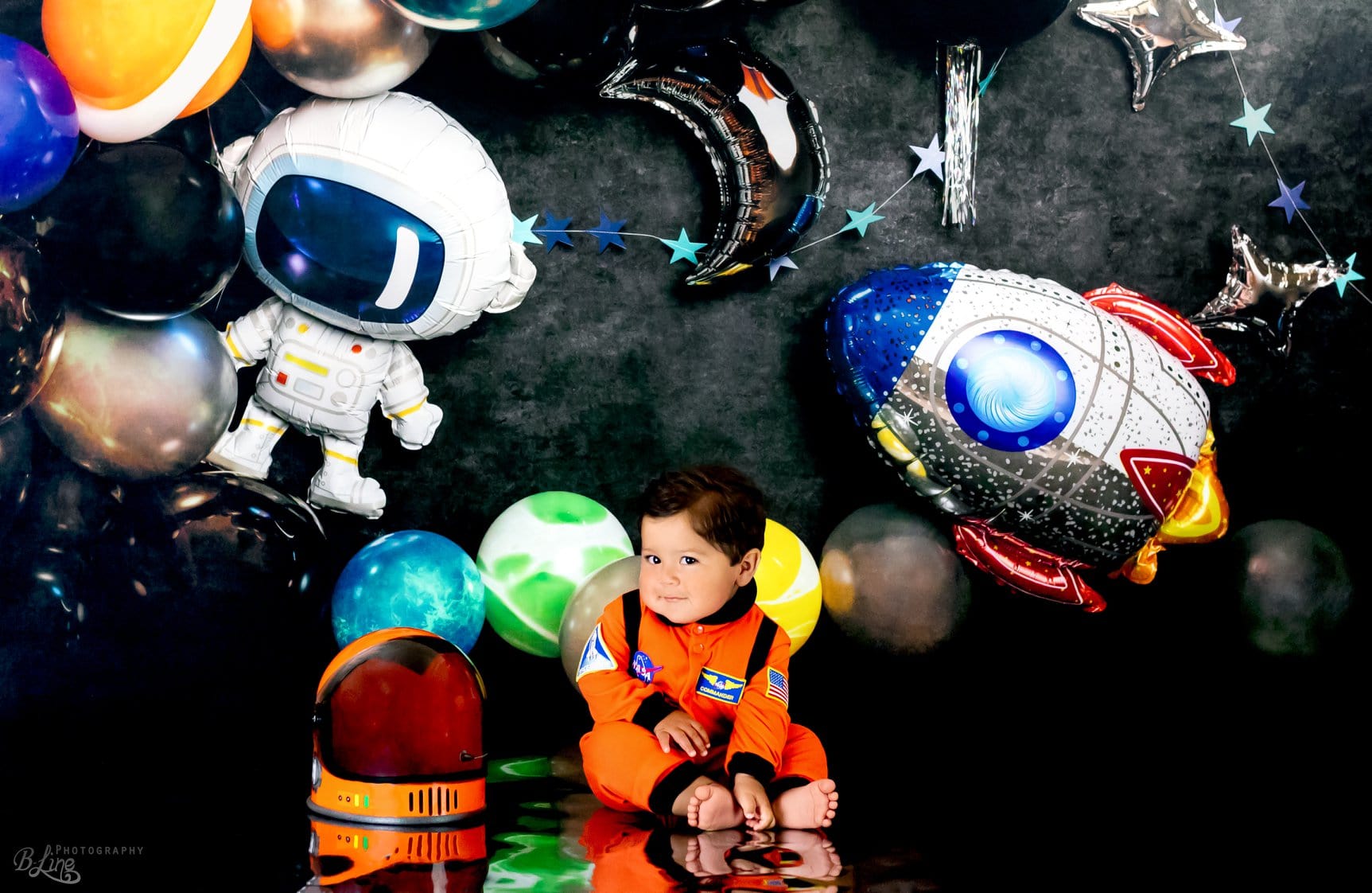 Kate Space Rocket Astronaut Balloon Party Children Backdrop Designed by Kerry Anderson