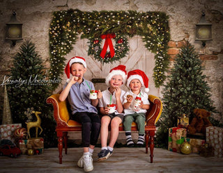 Kate Christmas Printed Backdrop Brick Wall Door & Xmas Trees Designed By JS Photography