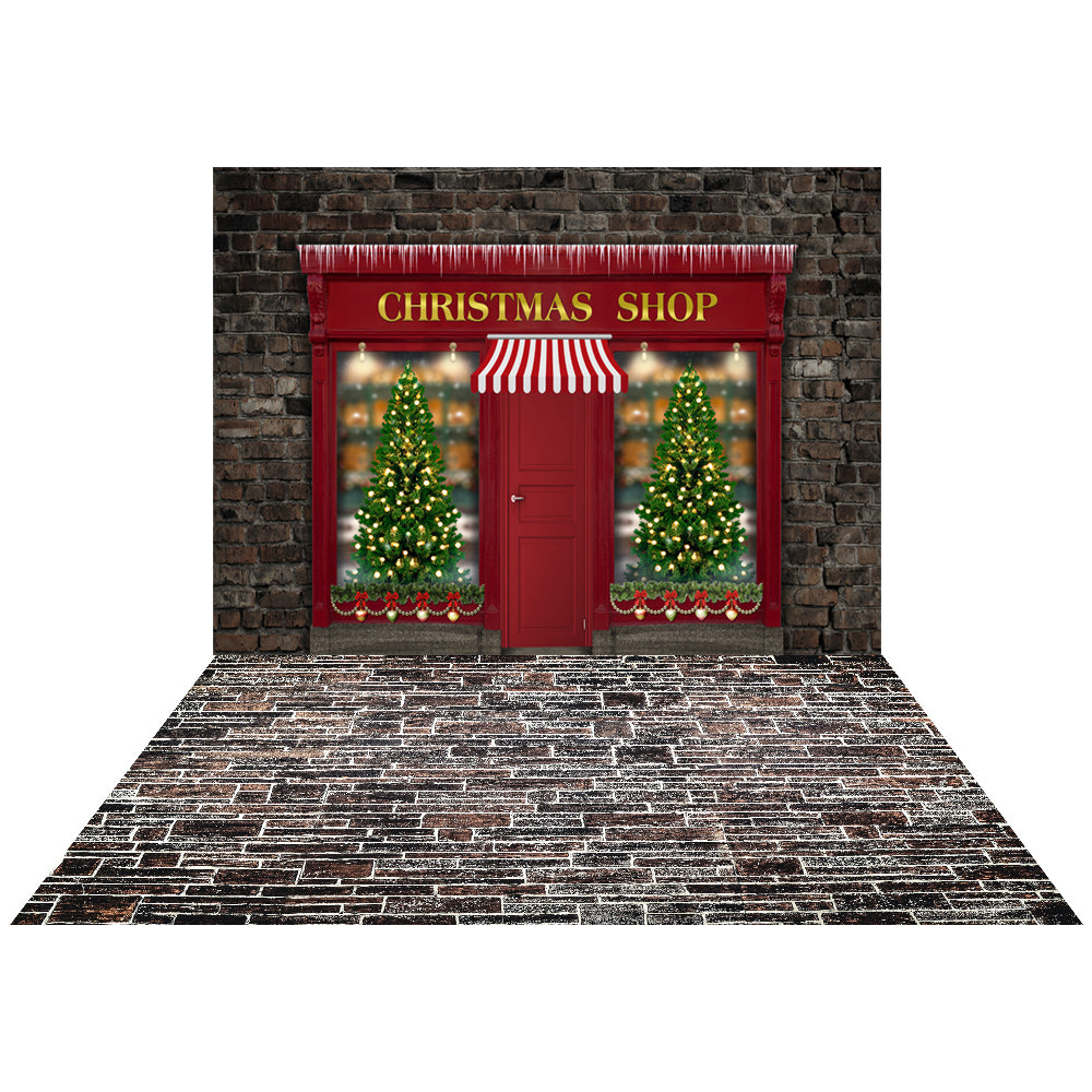 Kate Christmas Shop Retro Brick Backdrop+ Stone Rubber Floor Mat