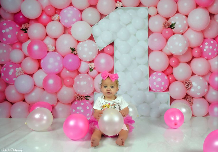 Kate Pink Balloon Wall Backdrop First Birthday Floral for Photography Designed by Kerry Anderson