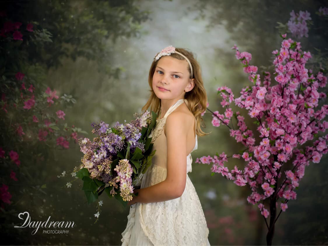 Kate Pink Florals Garden Fairy Lights spring Backdrop for Photography Designed by Pine Park Collection