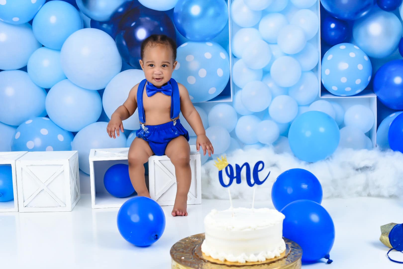 Kate Blue Balloon Wall Backdrop First Birthday Cake Smash for Photography Designed by Kerry Anderson