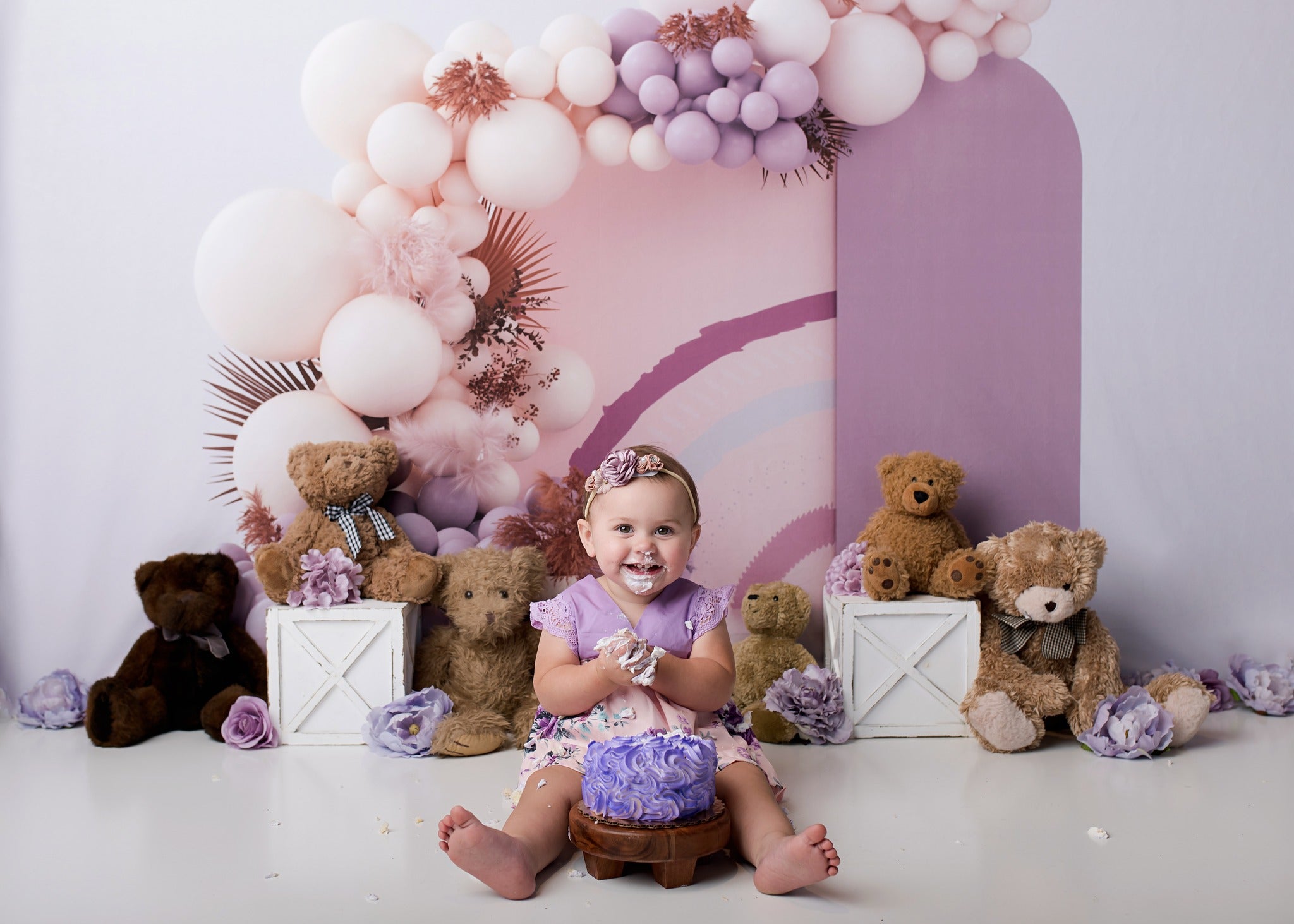 Kate Purple Boho Balloons Backdrop Cake Smash Designed by Uta Mueller Photography