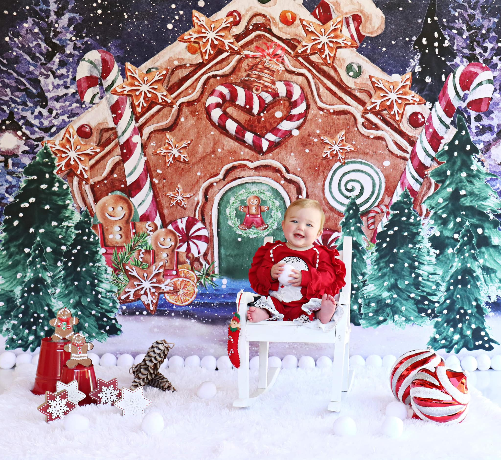 Kate Christmas Hot Cocoa Backdrop Outside Gingerbread House Designed by GQ