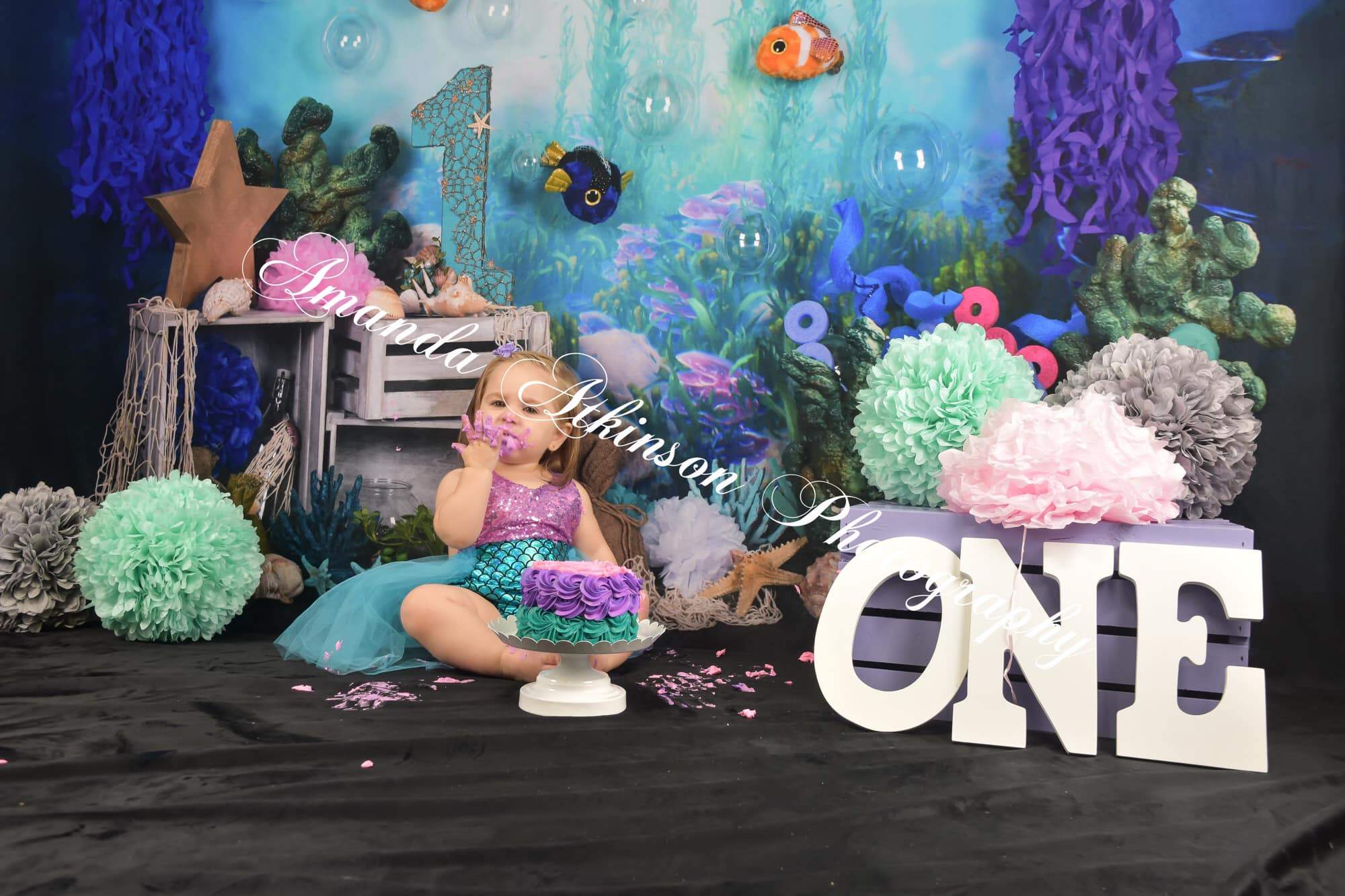 Katebackdrop鎷㈡綖Kate mermaid under sea 1st birthday cake smash summer backdrop designed by studio gumot