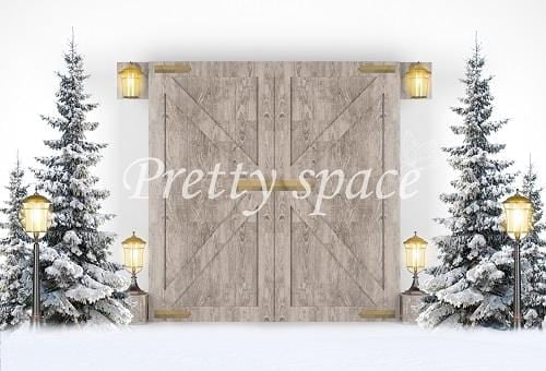 Kate Xmas/Winter Backdrop Snow Trees Lights with Door for Photography