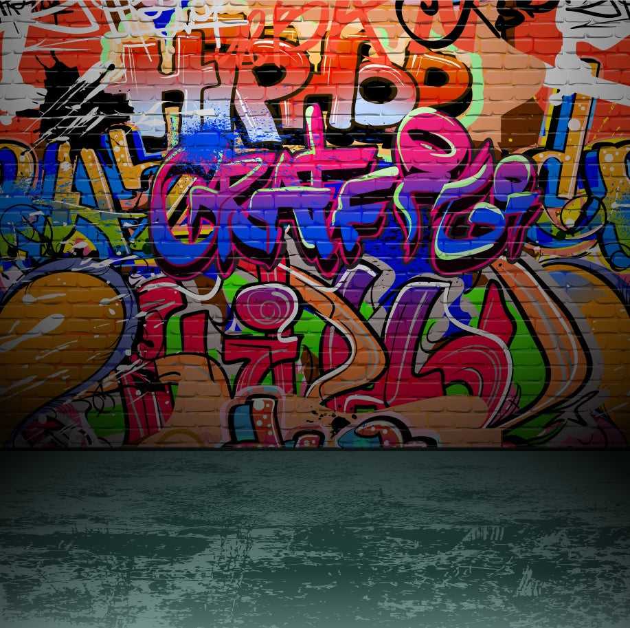 Kate Teenager Graffiti Wall Grey Brick Floor Backdrop - Katebackdrop