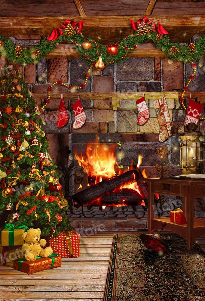 Kate Christmas Backdrop Tree Old Brick Fireplace Designed by Chain Photography