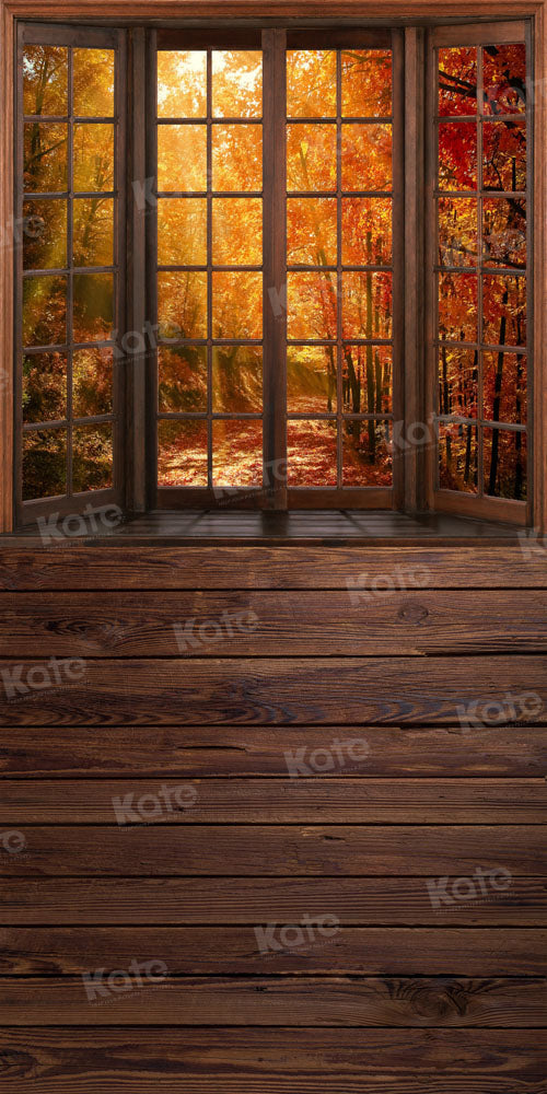 Kate Autumn Backdrop Fallen Leaves Window Patchwork Brown Wood Floor Designed by Chain Photography