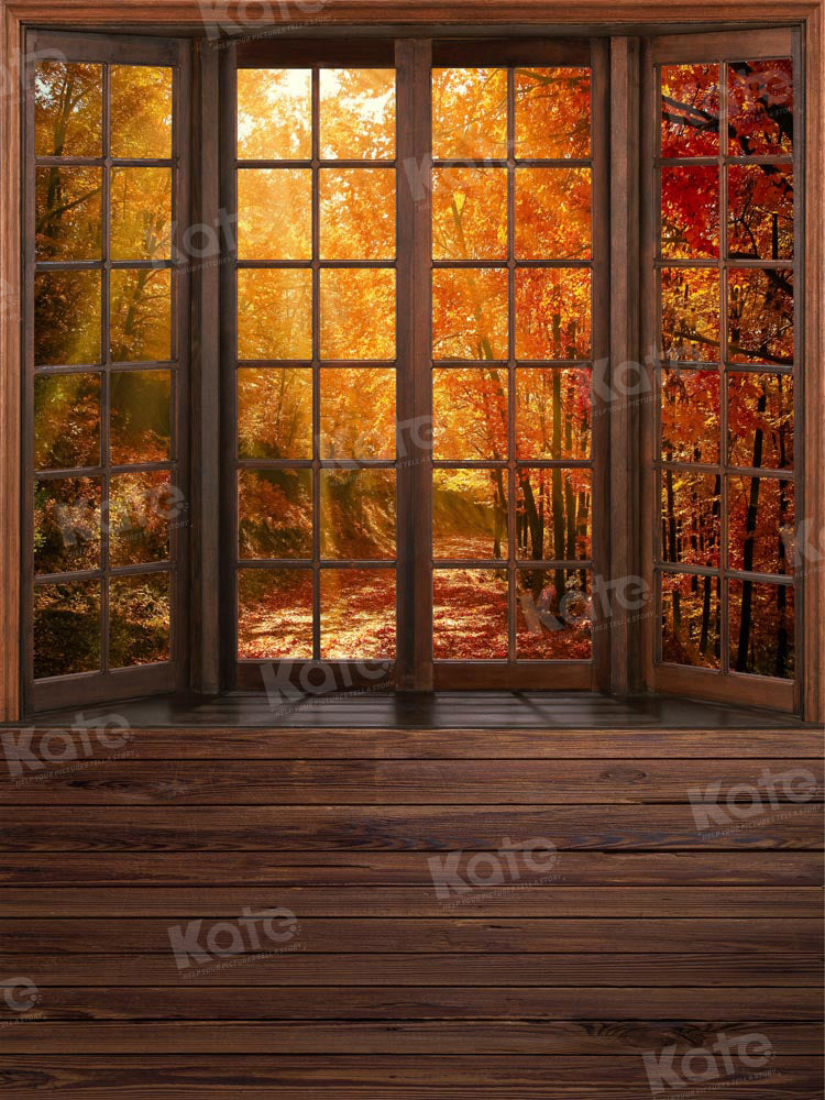 Kate Autumn Backdrop Fallen Leaves Window Patchwork Brown Wood Floor Designed by Chain Photography