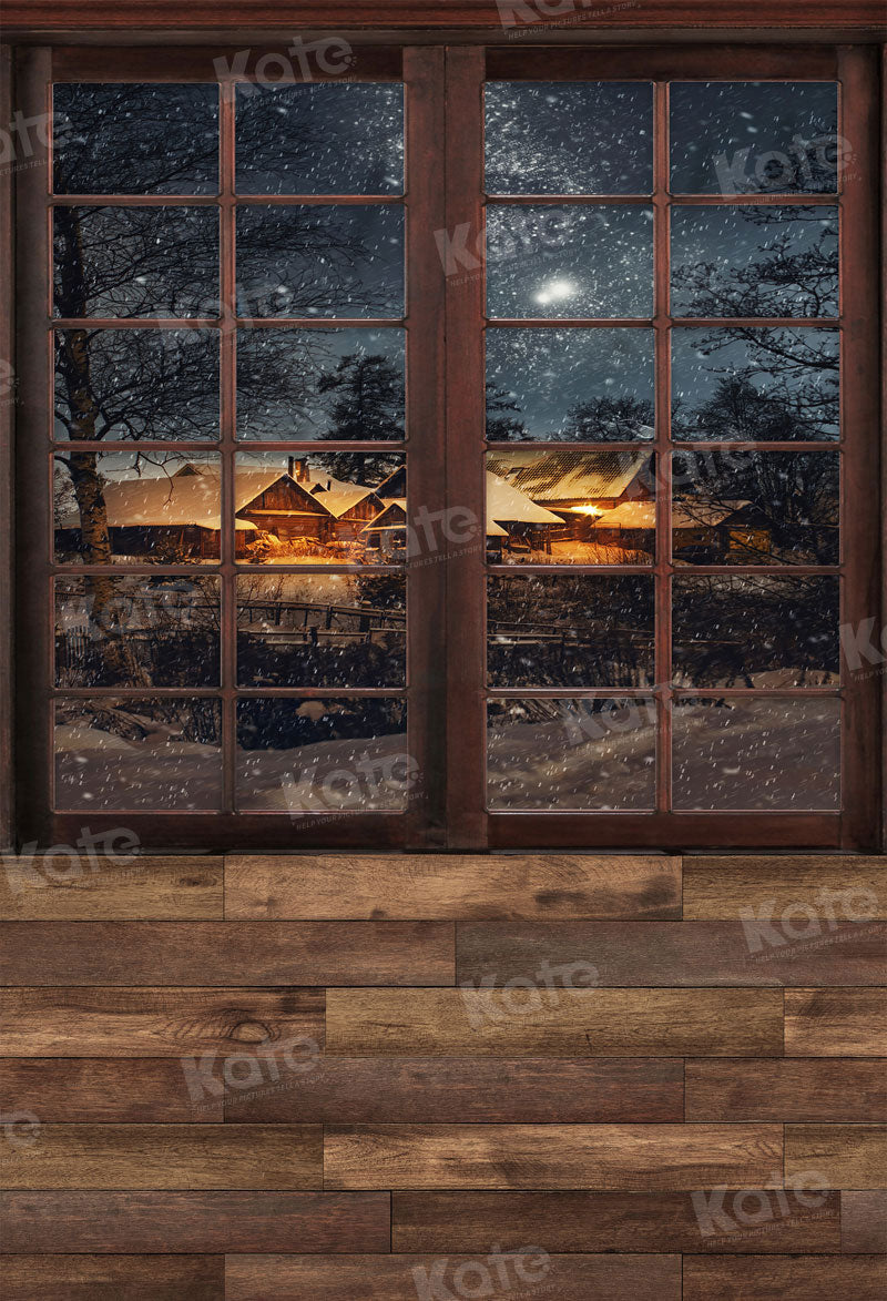 Cozy Winter Night Cabin Window Backdrop