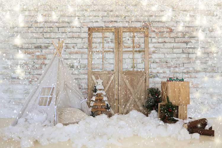 Kate Christmas Tent Barn Door Brick Backdrop for Photography