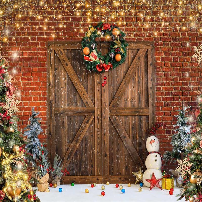 Kate Christmas Barn Door Brick Snowman Backdrop for Photography