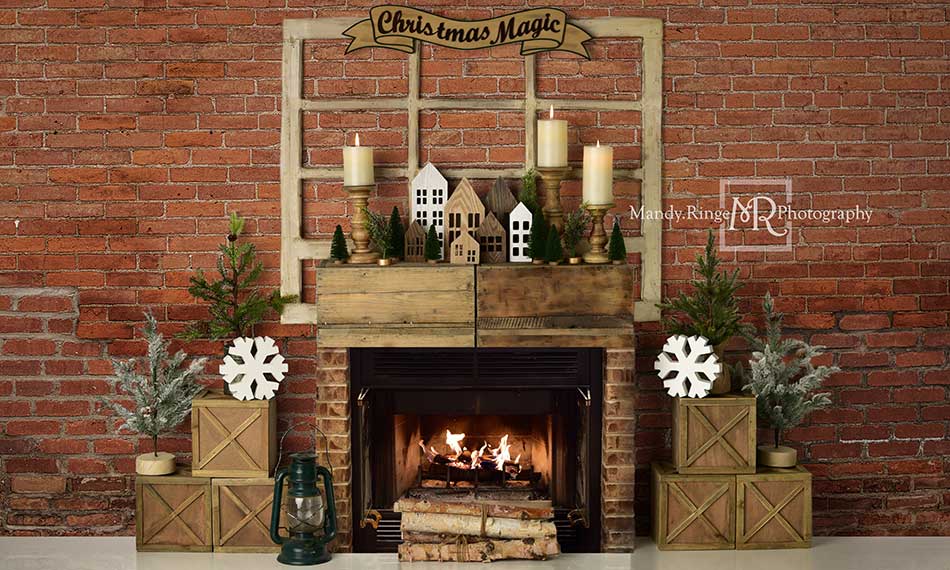 Kate Christmas Magic Red Brick Fireplace Backdrop Designed by Mandy Ringe Photography