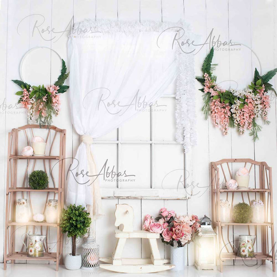 Small Room Backdrop Rustic White Floral Shelf Backdrop