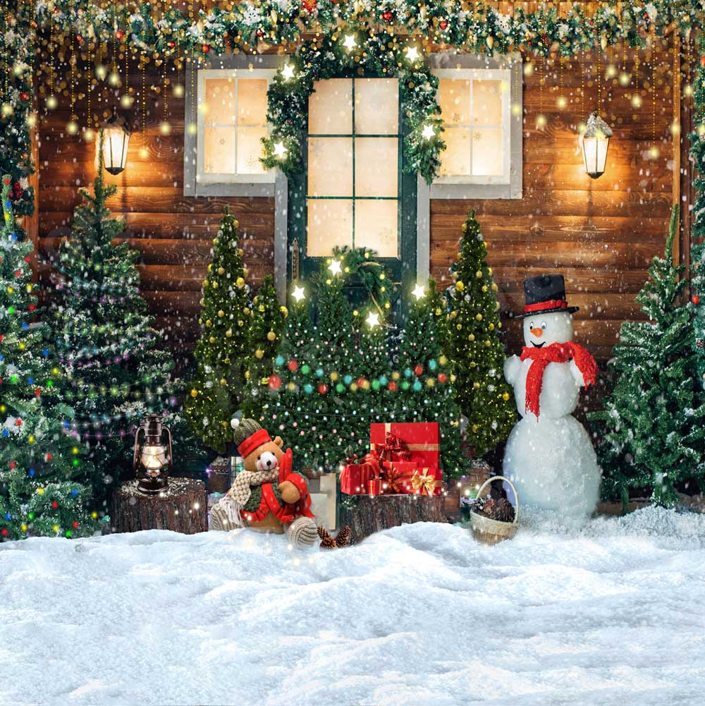 Kate Christmas Wood House Winter Snowman Backdrop for Photography