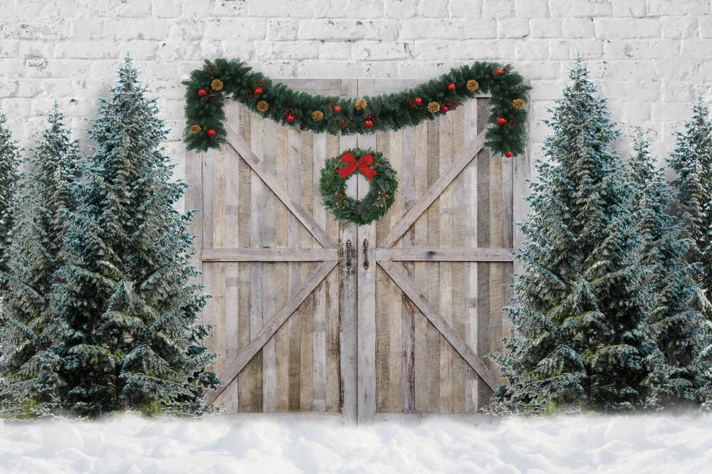 Kate Christmas Retro Barn Door Snow Winter Backdrop for Photography