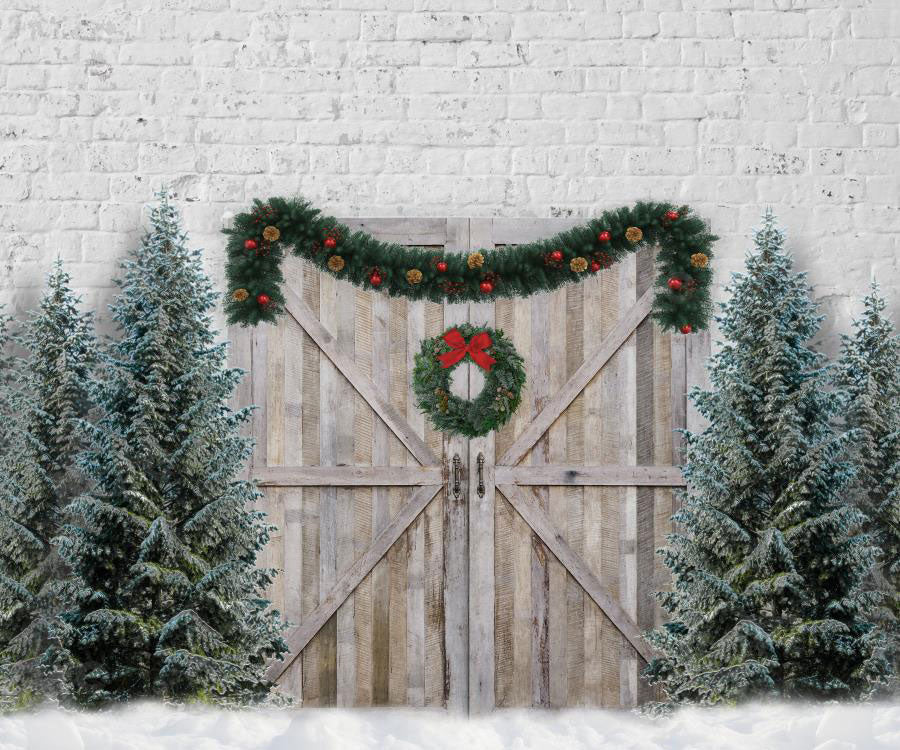 Kate Christmas Retro Barn Door Snow Winter Backdrop for Photography