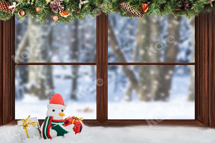 Kate Christmas Winter Wood Window Snowman Backdrop Designed by Chain Photography - Kate Backdrop