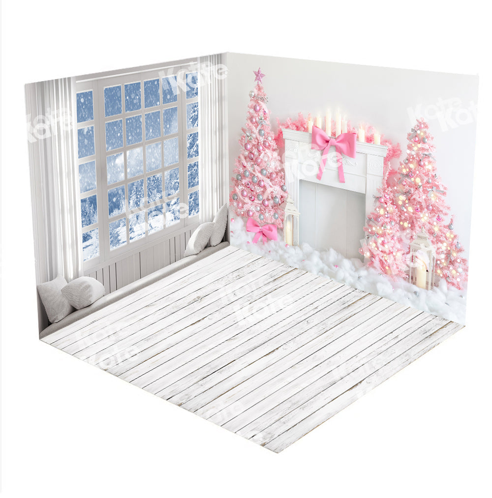 Kate Christmas Pink Tree Window Fireplace Room Set(8ftx8ft&10ftx8ft&8ftx10ft)