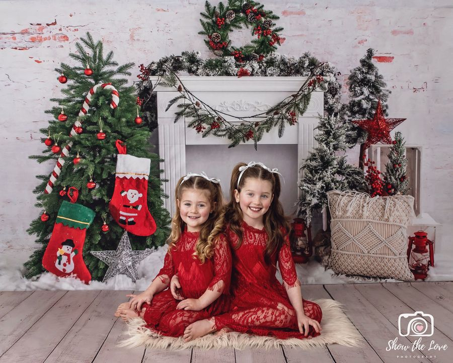 Kate Christmas Tree Brick Fireplace Backdrop for Photography