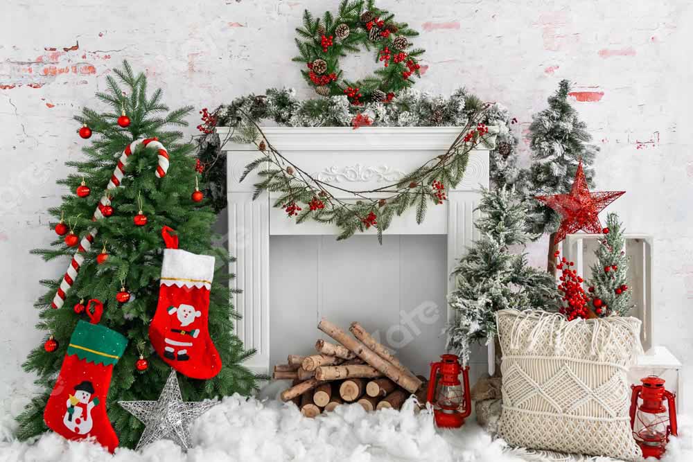 Kate Christmas Tree Brick Fireplace Backdrop Designed by Emetselch - Kate Backdrop