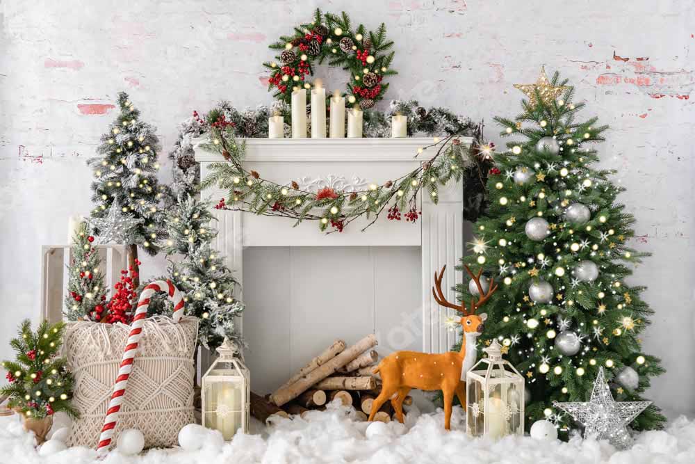 10x6.5ft Christmas Tree Elk Brick Fireplace Backdrop