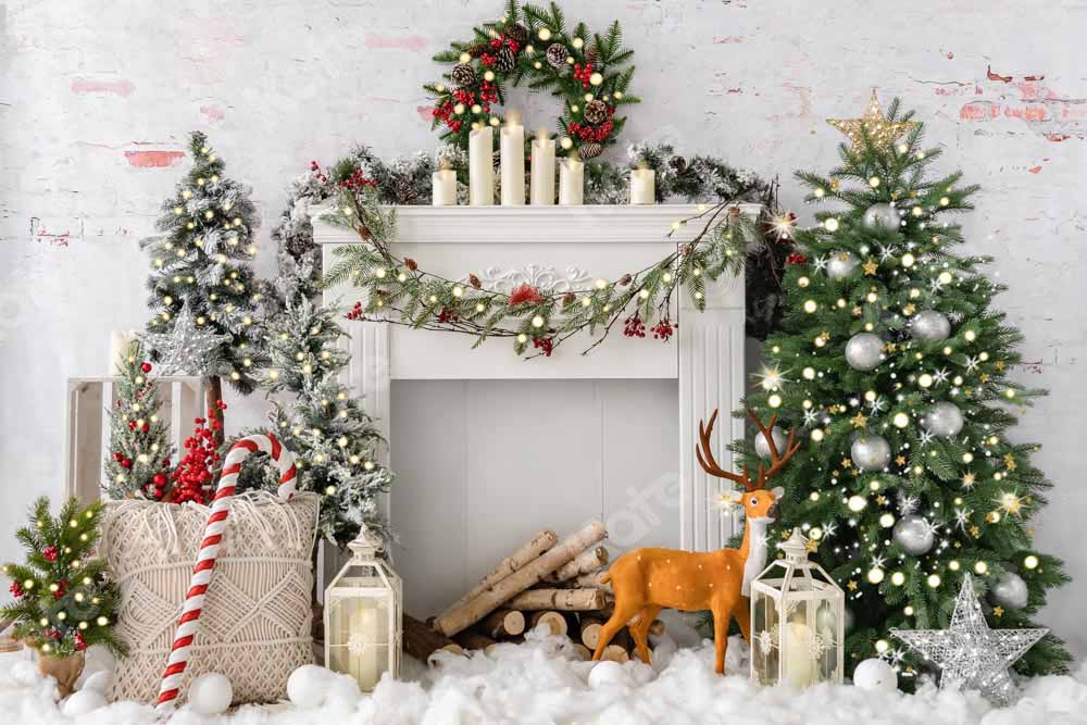 5x3ft Christmas Tree Elk Brick Fireplace Backdrop