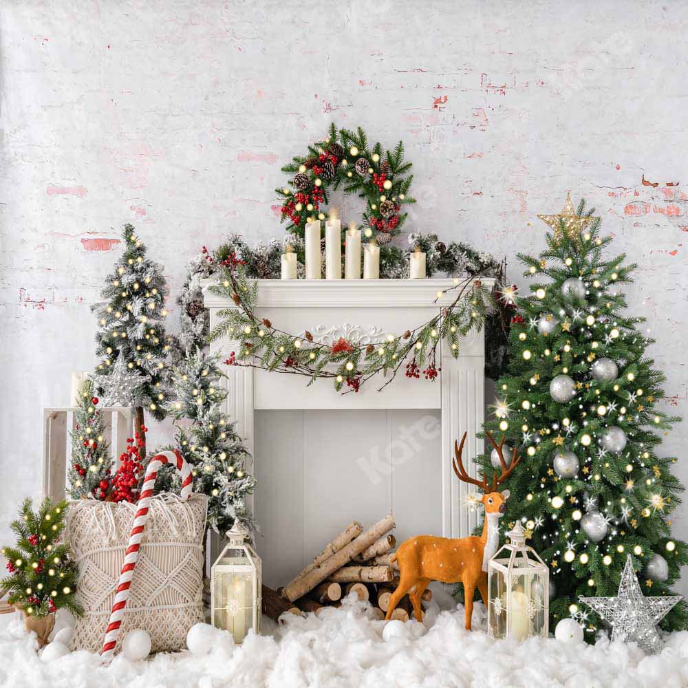 6.5x6.5ft Christmas Tree Elk Brick Fireplace Backdrop