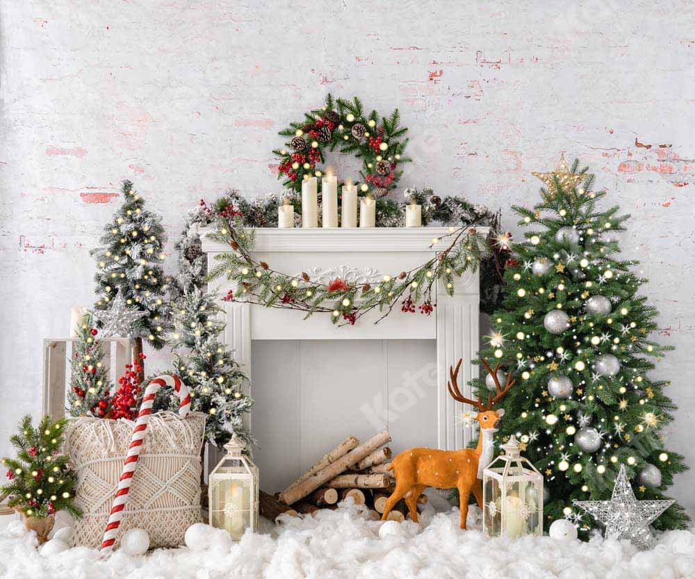 10x8ft Christmas Tree Elk Brick Fireplace Backdrop