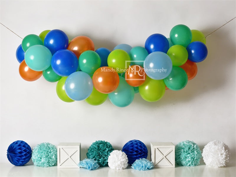 Kate Blue Orange Green Birthday Balloons Backdrop for Photography Designed By Mandy Ringe Photography