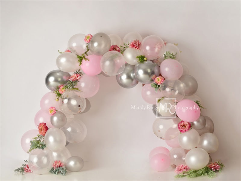 Kate Pink and Silver Floral Balloon Arch Backdrop Designed by Mandy Ringe Photography