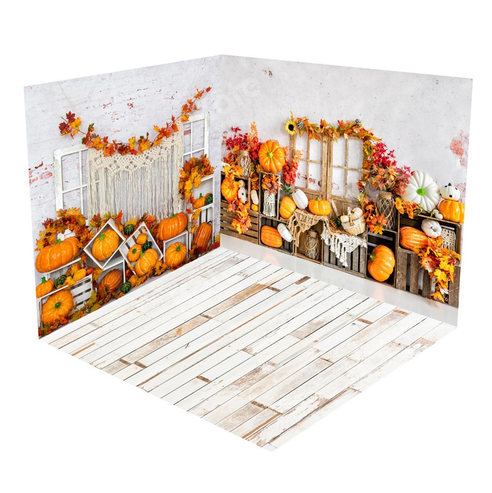 Kate Autumn Pumpkins Boho Wood Floor Room Set(8ftx8ft&10ftx8ft&8ftx10ft)