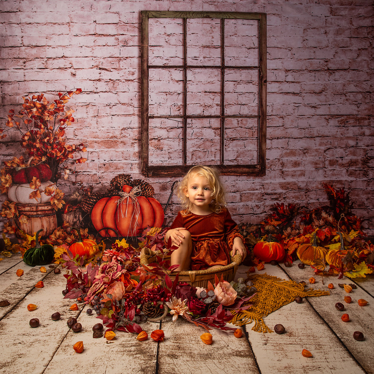 Kate Autumn Brick Wall Backdrop Pumpkin for Photography