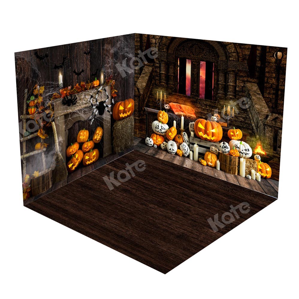 Kate Halloween Pumpkins Fireplace Spider Vintage Wood Room Set(8ftx8ft&10ftx8ft&8ftx10ft)