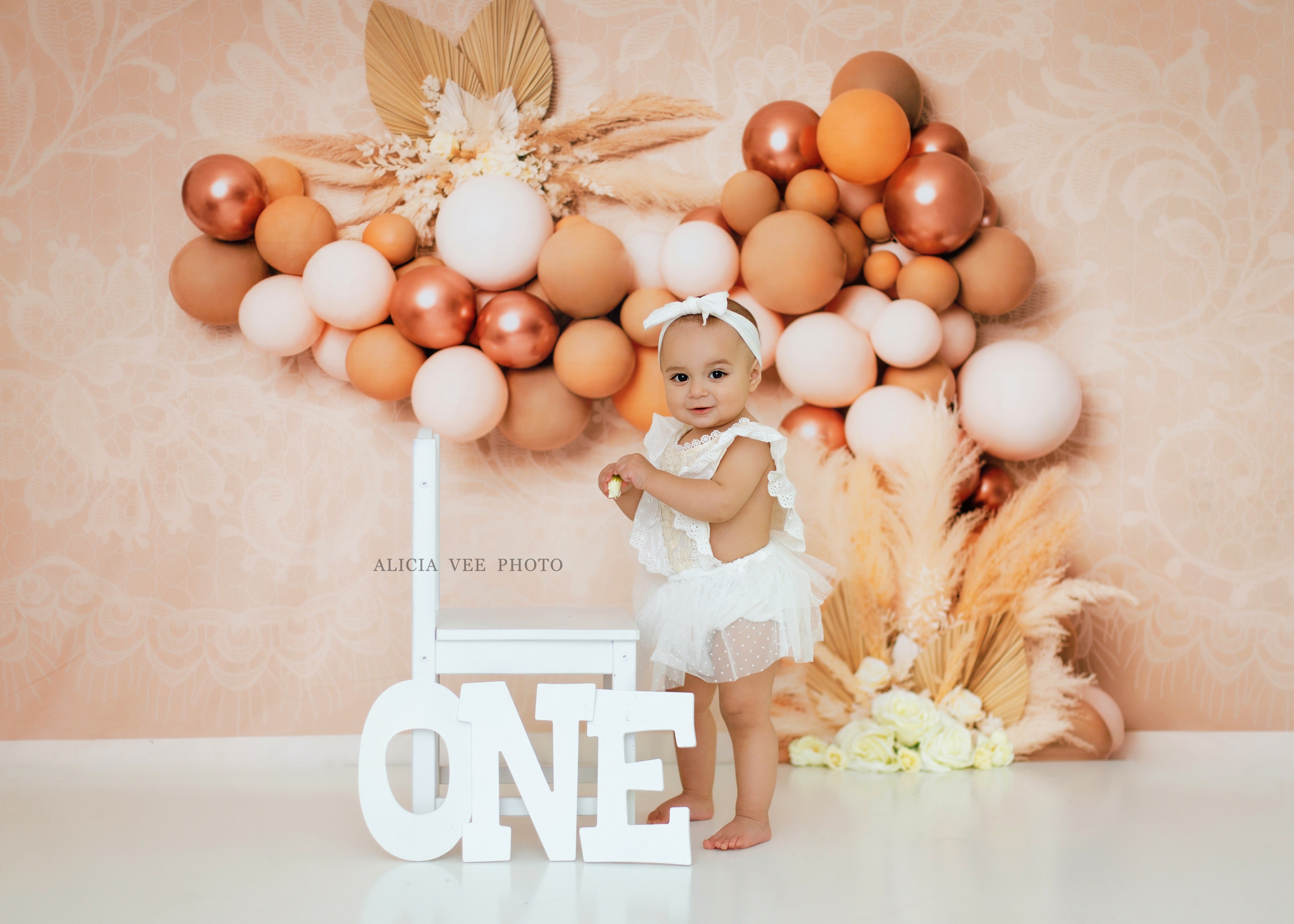 Kate Floral Boho Cream Balloon Lace Pampas Backdrop for Photography Designed by Kerry Anderson