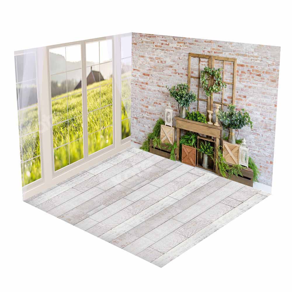 Kate Spring Scenery Outside Window Brick Wall Green Plants Room Set(8ftx8ft&10ftx8ft&8ftx10ft)