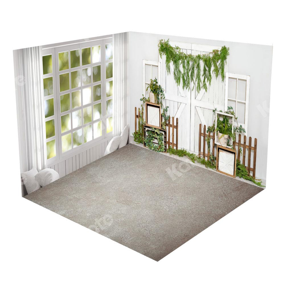 Kate Spring Window Barn Door Fence Green Plants Room Set(8ftx8ft&10ftx8ft&8ftx10ft)