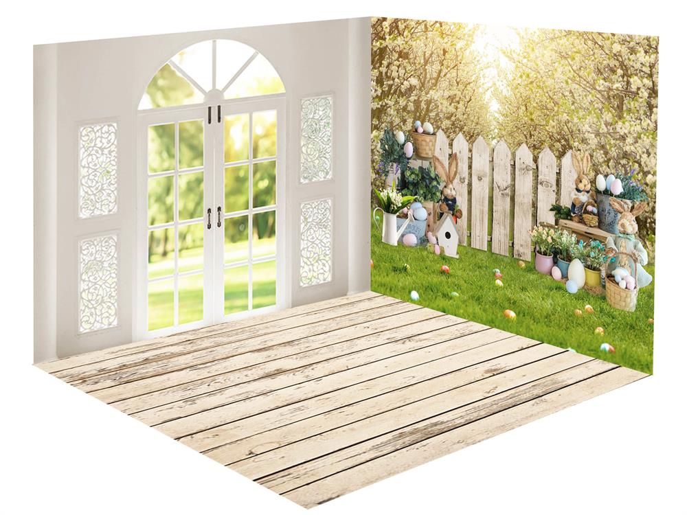Kate Spring White Arch Easter Bunny Fence Flower Tree Room Set(10ftx8ft&8ftx8ft&8ftx10ft)