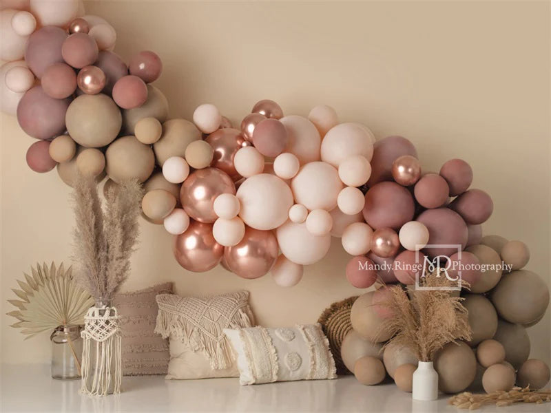 RTS Kate 7x5ft Boho Balloons Backdrop Macrame Pillows Matte Pink Designed by Mandy Ringe Photography