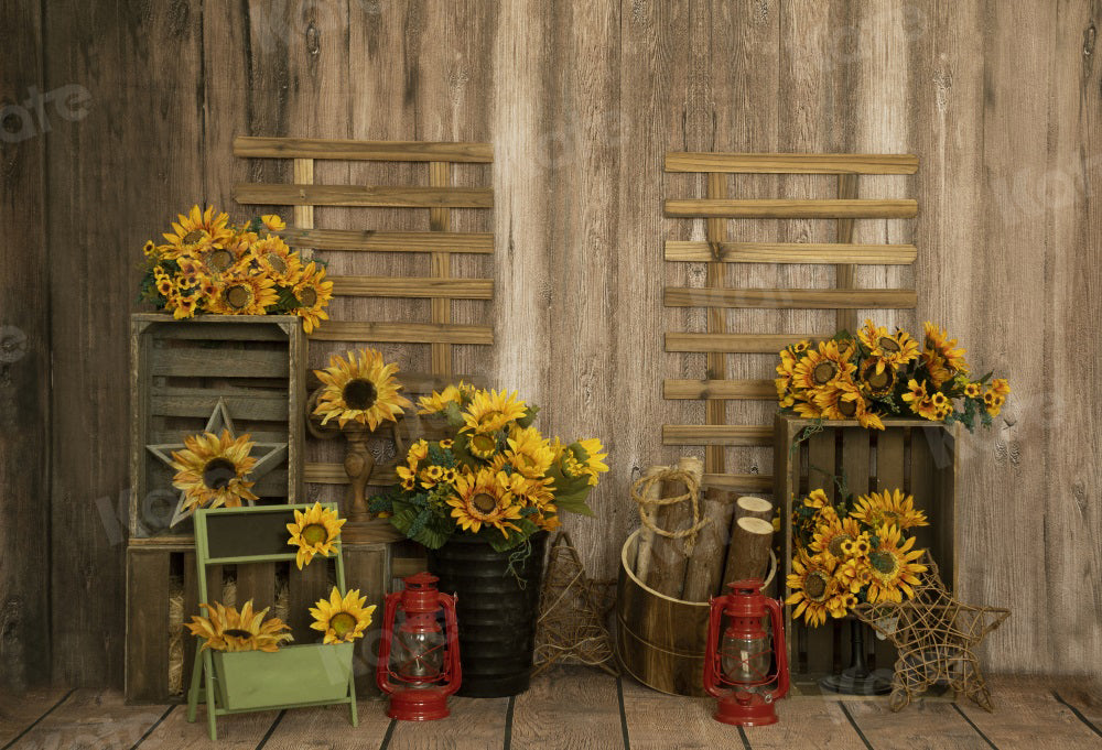 Kate Summer Backdrop Sunflower Artistic Wood Grain for Photography