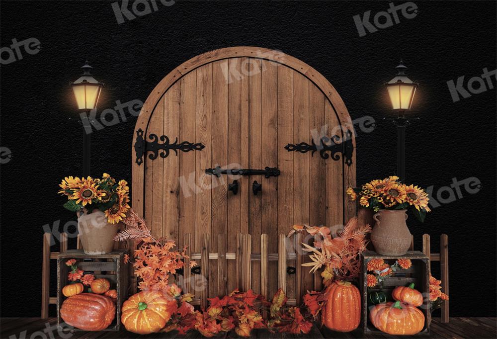 Kate Autumn Backdrop Pumpkins Barn Door Night for Photography