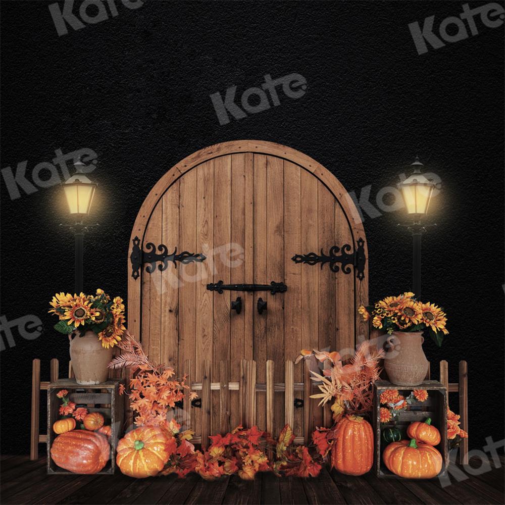 Kate Autumn Backdrop Pumpkins Barn Door Night for Photography