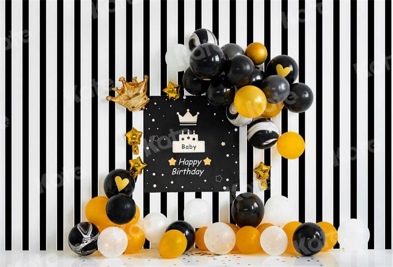 Kate Birthday Backdrop Black Yello Balloons Stripe for Photography