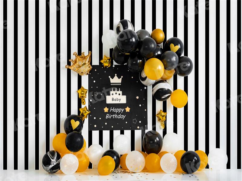 Kate Birthday Backdrop Black Yello Balloons Stripe for Photography