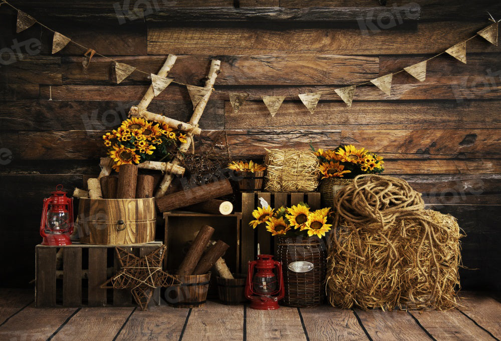 Kate Autumn Backdrop Sunflower Barn Wood Father's Day for Photography