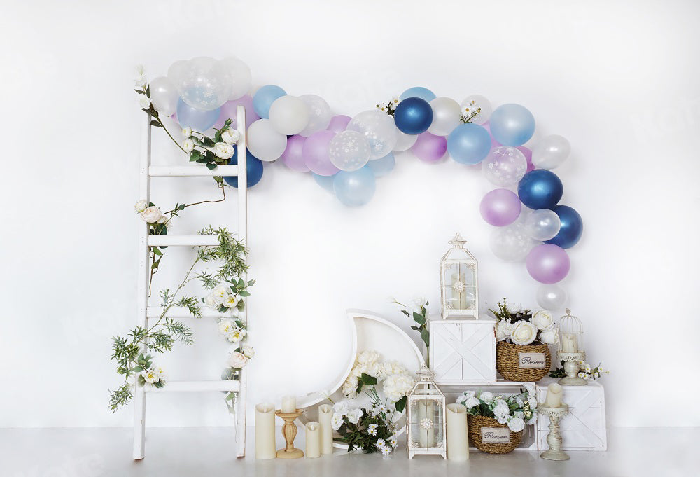 Kate Birthday Backdrop Balloons Stair White Wall for Photography