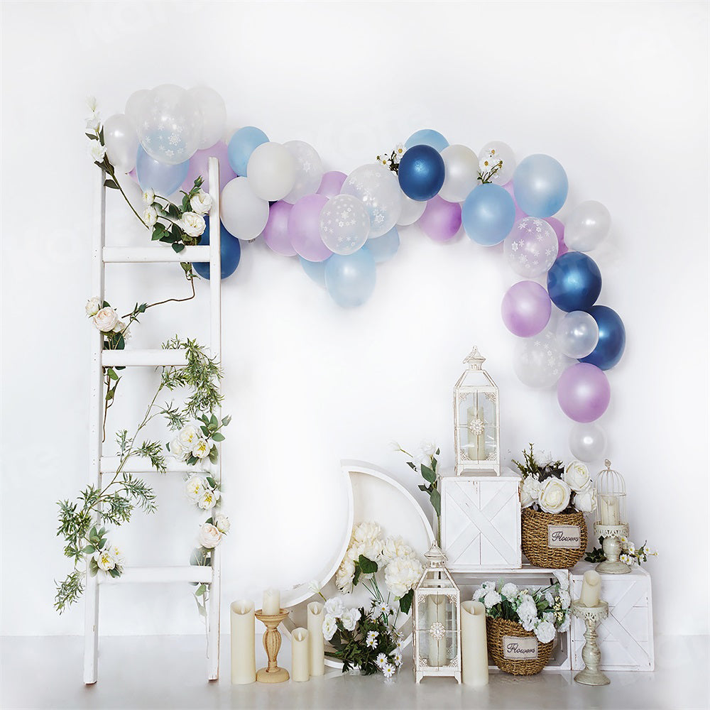 Kate Birthday Backdrop Balloons Stair White Wall for Photography