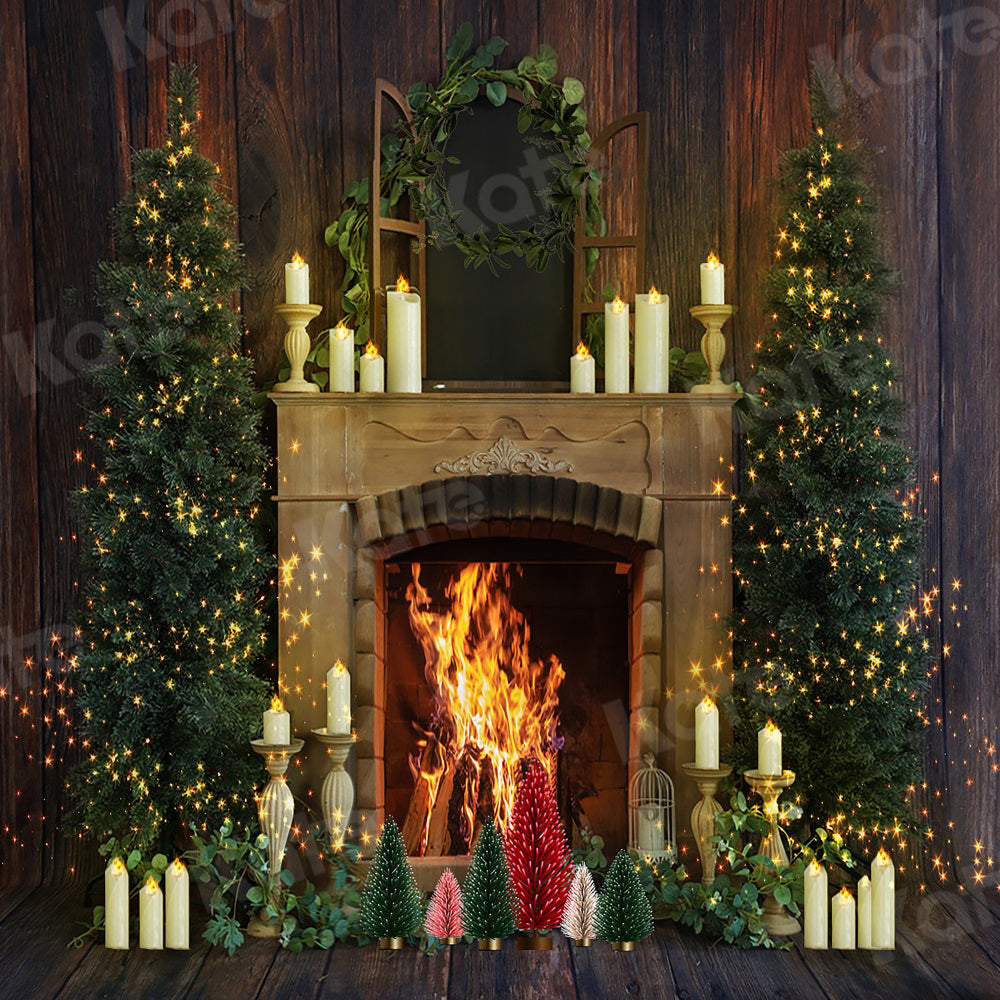 Kate Christmas Backdrop Fireplace Retro Wood for Photography