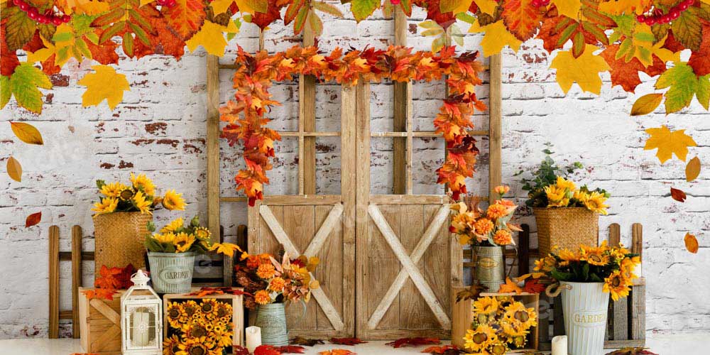 Kate Autumn Backdrop Maple Leaves Wood Door Designed by Emetselch